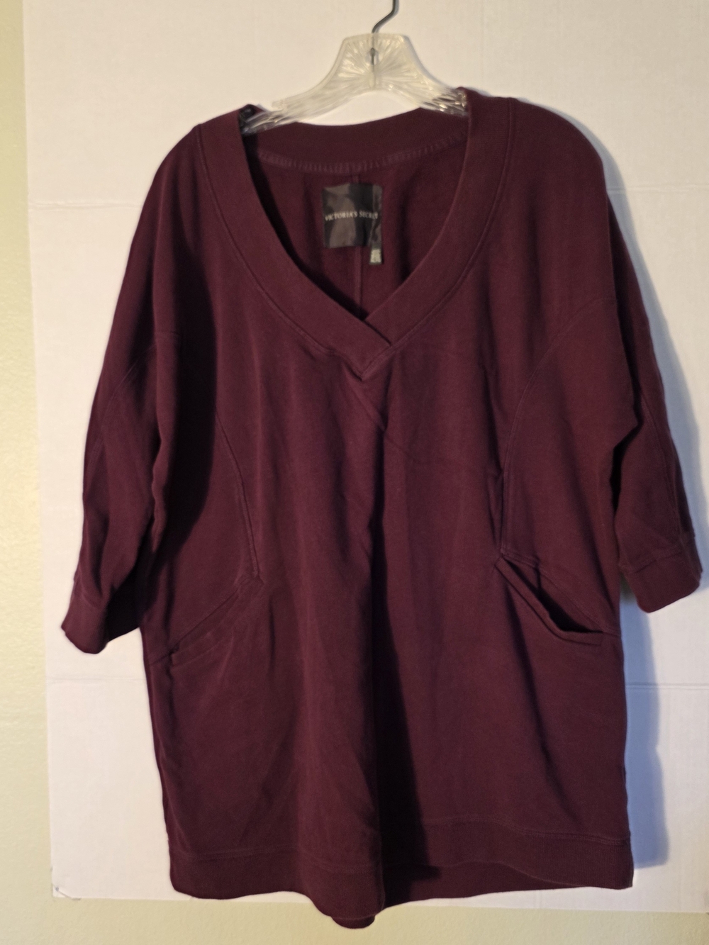 Victoria's Secret Maroon V Neck Sweatshirt Oversized Slouch Pocket Half Sleeve